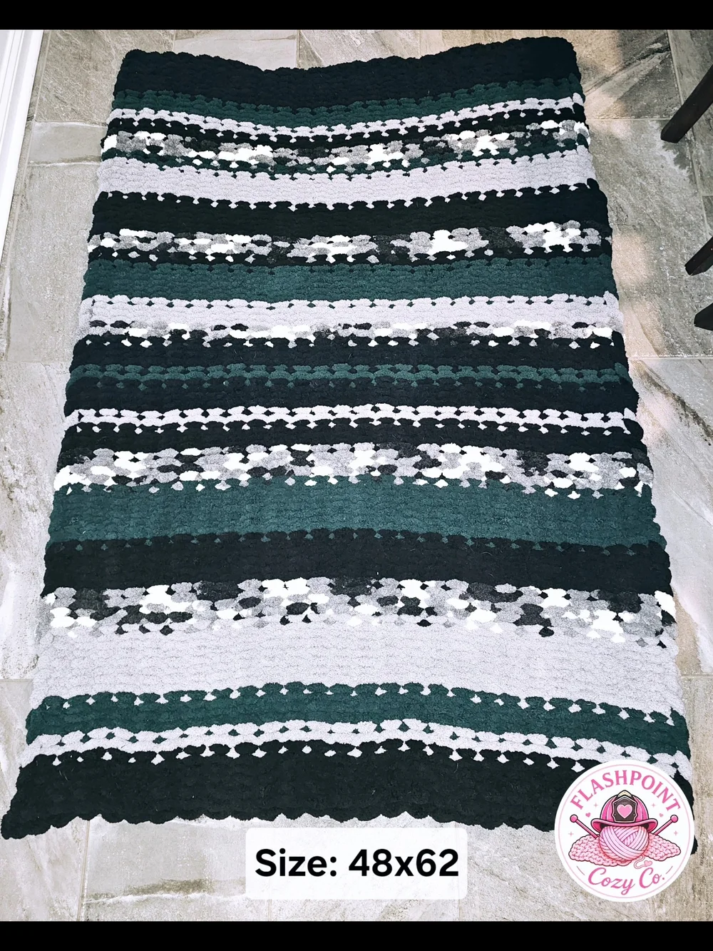 Striped Cozy Crochet Throw Blanket in Black, Dark Green and Light Gray